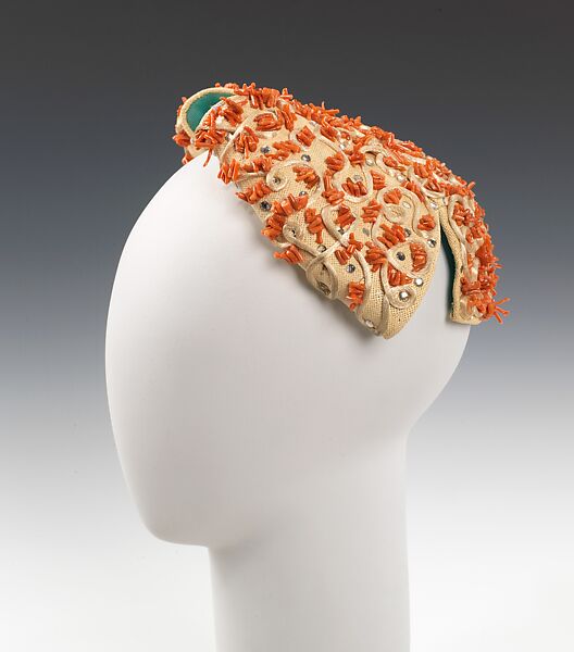 Cocktail hat, Sally Victor (American, 1905–1977), straw, coral, rhinestones, silk, American 