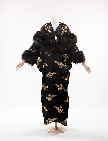 Evening coat, silk, fur, metal, American 