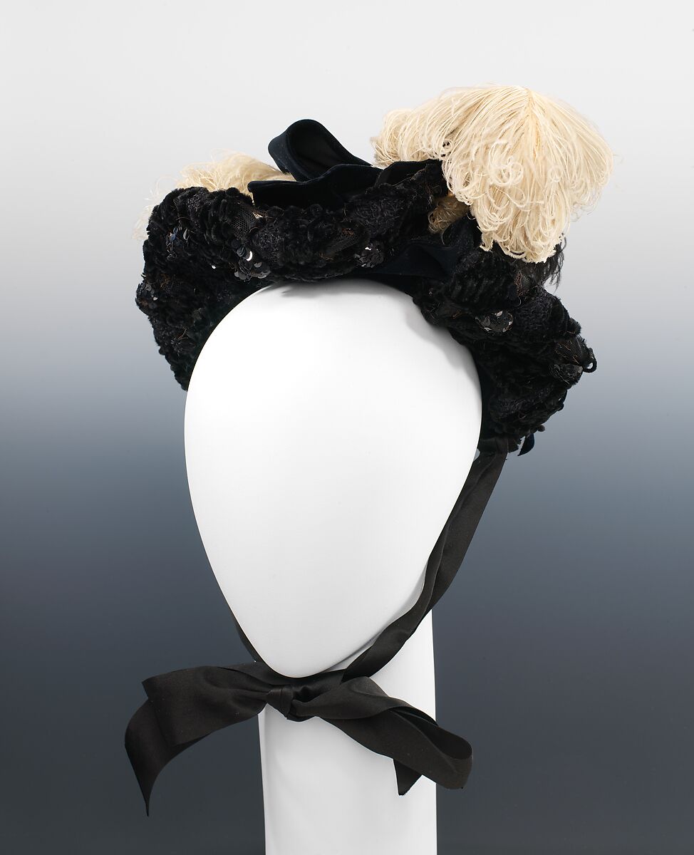Evening bonnet, Mangin Maurice, silk, feather, rhinestones, metal, French 