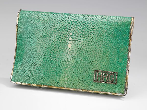 Evening clutch, leather, metal, mineral, silk, French 