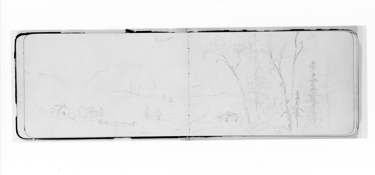 Bay Scene with Mountains and Boats (Red Rock?) (from Sketchbook), Albert Bierstadt (American, Solingen 1830–1902 New York), Graphite on wove paper, American