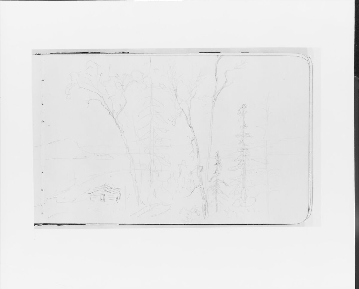 Landscape with Bay, Trees, and Mountains [Red Rock?] (from Sketchbook), Albert Bierstadt (American, Solingen 1830–1902 New York), Graphite on wove paper, American 