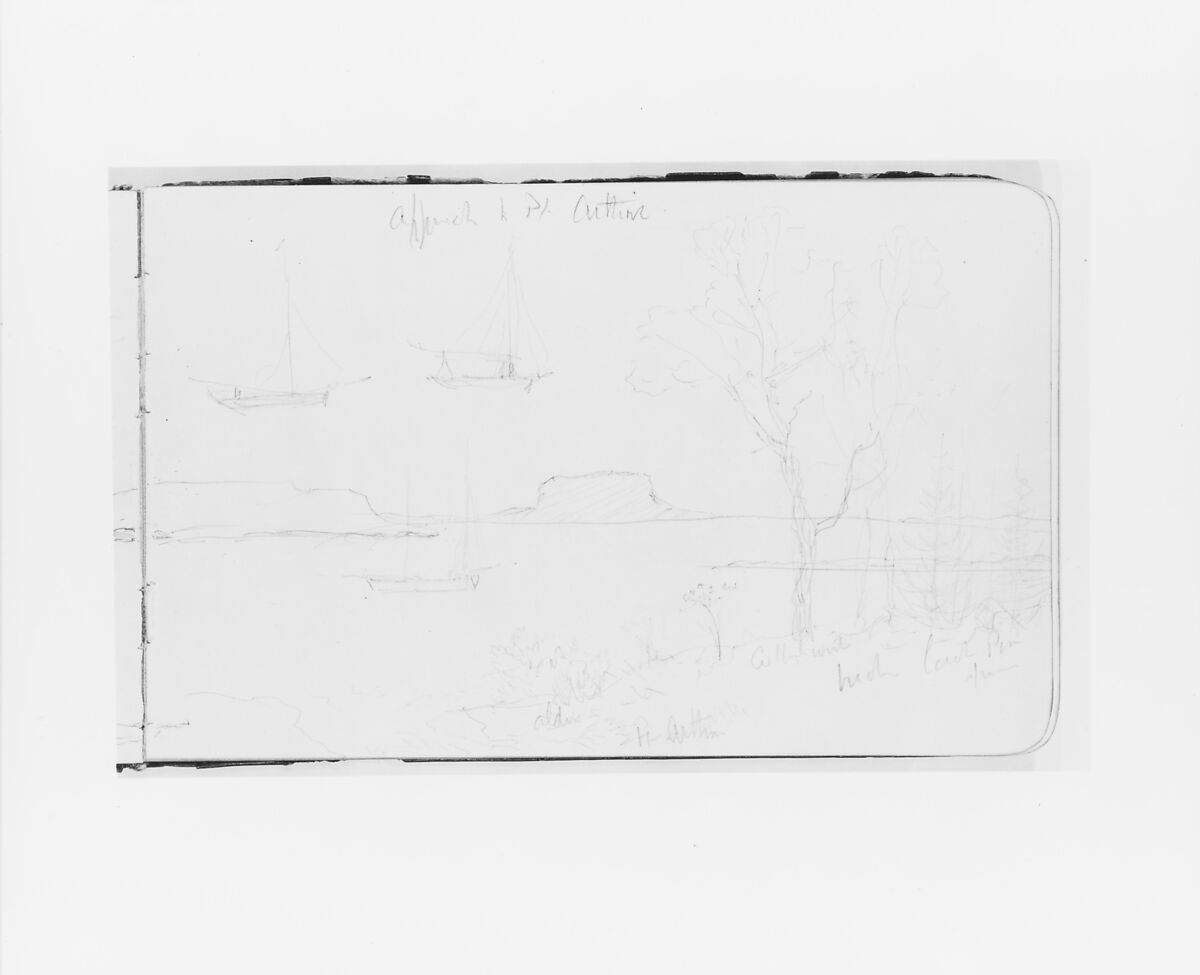 Bay Scene; Sketches of Two Boats (from Sketchbook), Albert Bierstadt (American, Solingen 1830–1902 New York), Graphite on wove paper, American 