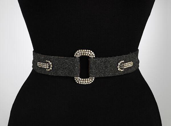 Evening belt, House of Chanel (French, founded 1910), wool, leather, rhinestones, metal, French 