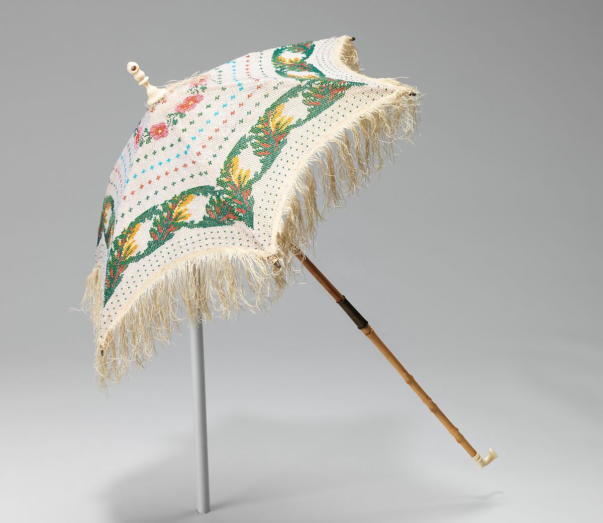 Parasol, silk, glass, wood, metal, ivory, linen, American 