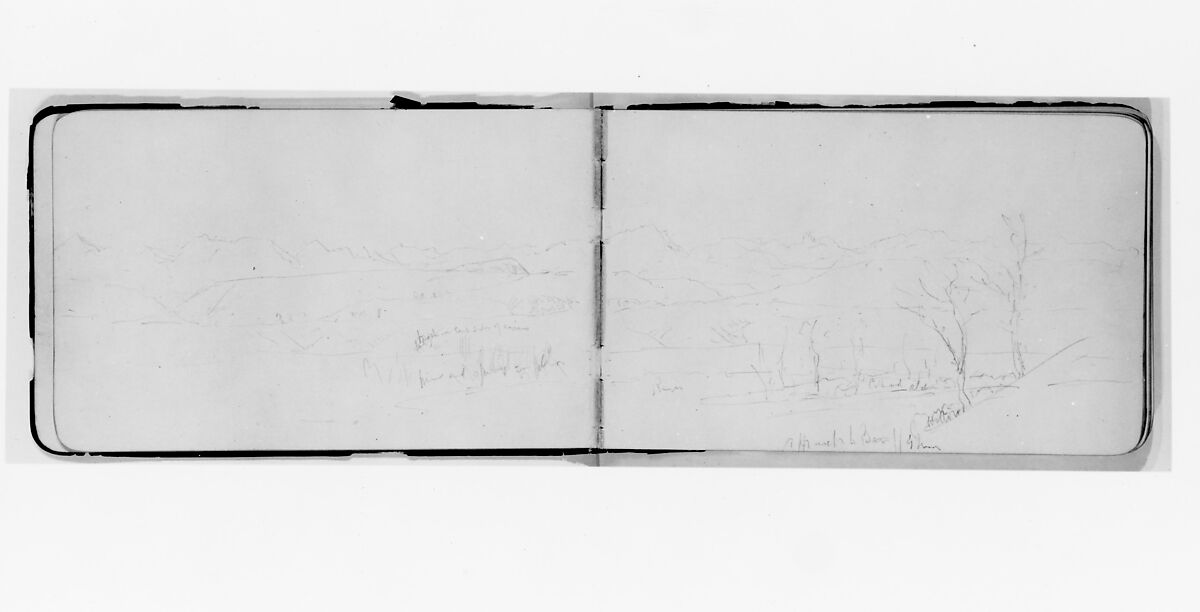 River and Terrain Covered with Autumn Frost (from Sketchbook), Albert Bierstadt (American, Solingen 1830–1902 New York), Graphite on wove paper, American