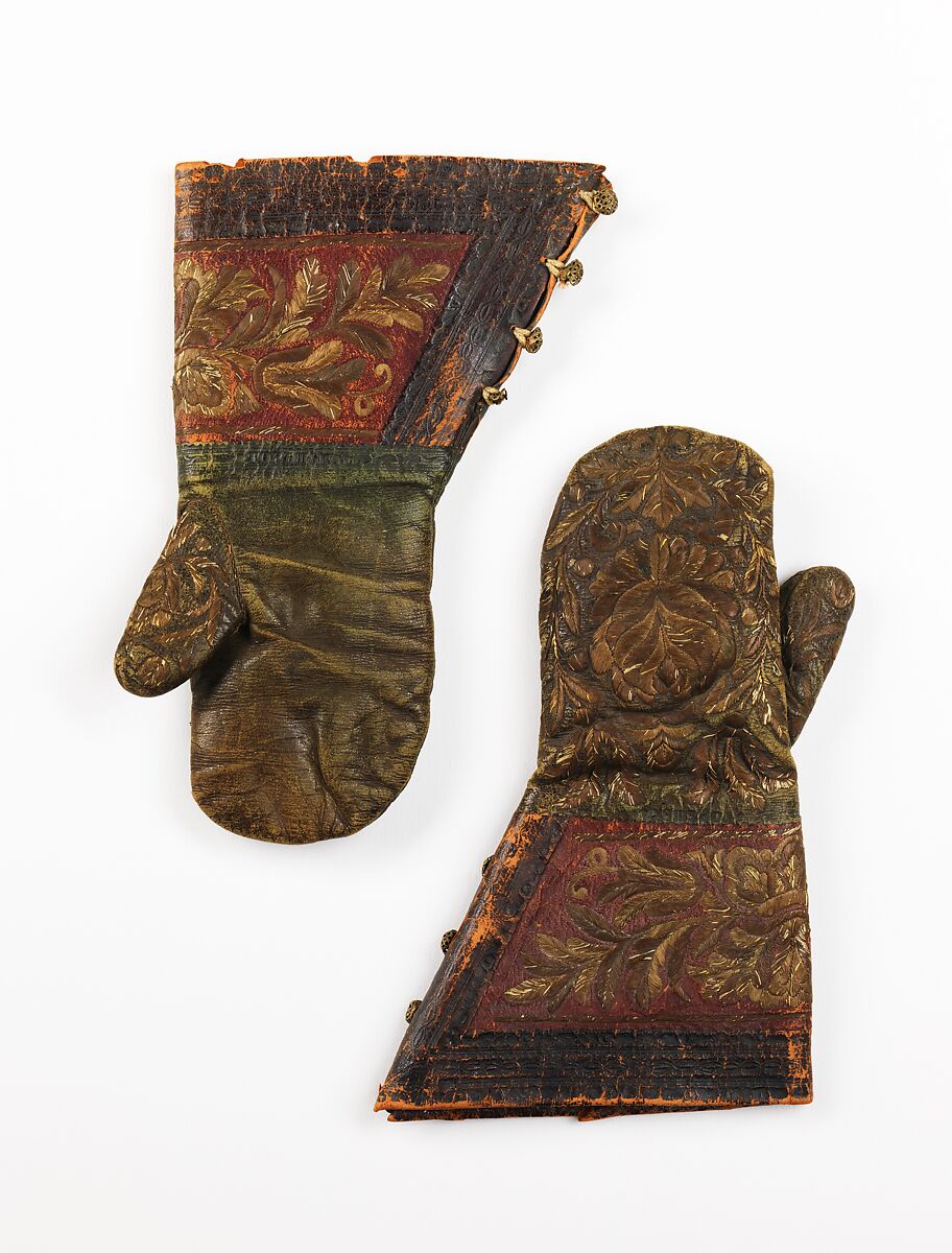 Mittens, leather, silk, metal, Russian 