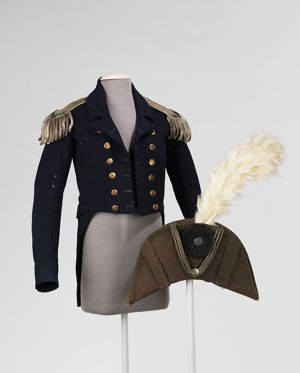 Military ensemble, wool, linen, silk, metal, paper, feather, wood, American 