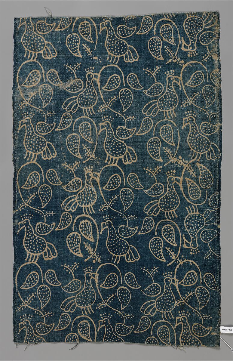 Textile fragment, Resist-dyed on plain weave; warp: dyed linen, Z spun, 16 per cm; weft: dyed linen, Z spun, 15–16 per cm, Russian 