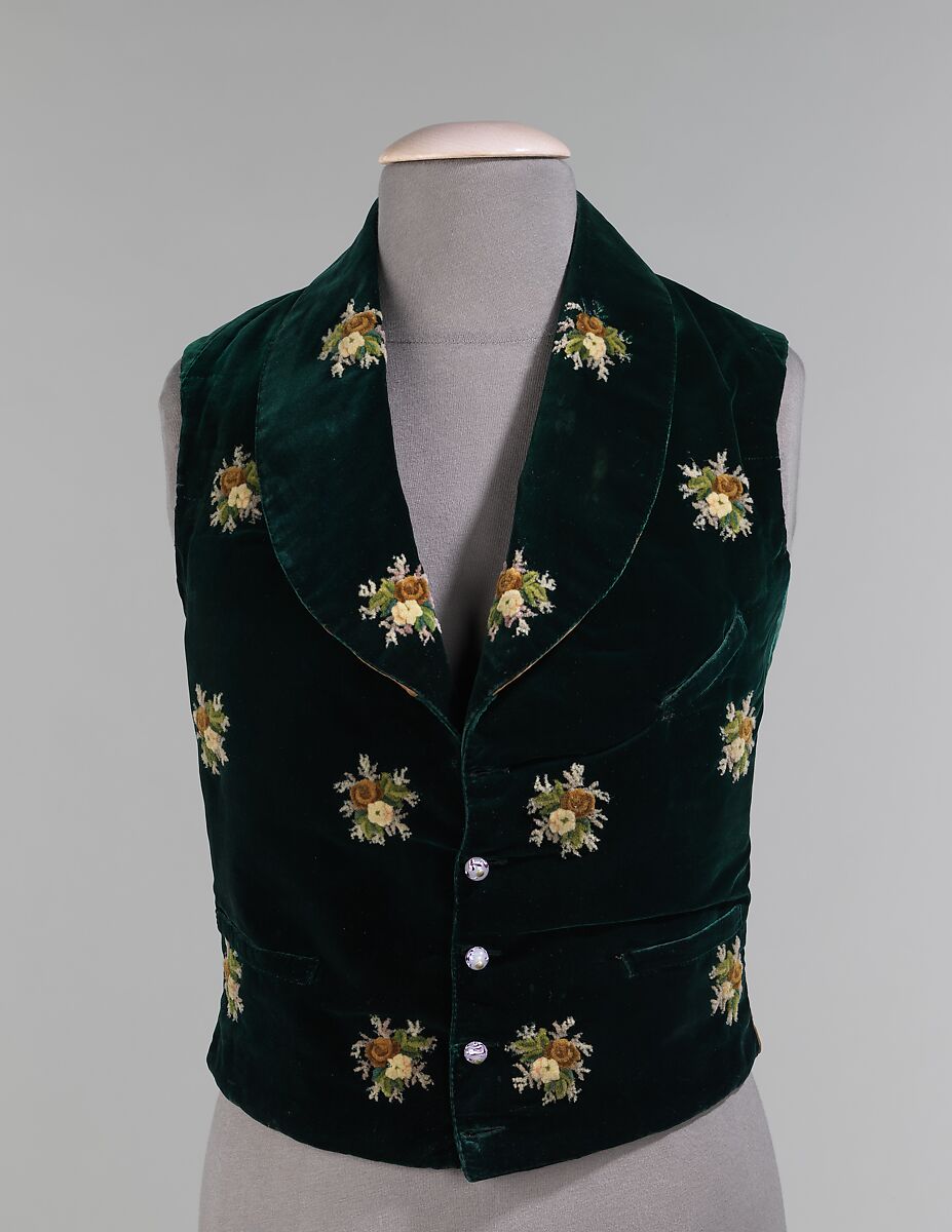 Evening vest, silk, cotton, wool, leather, glass, American 