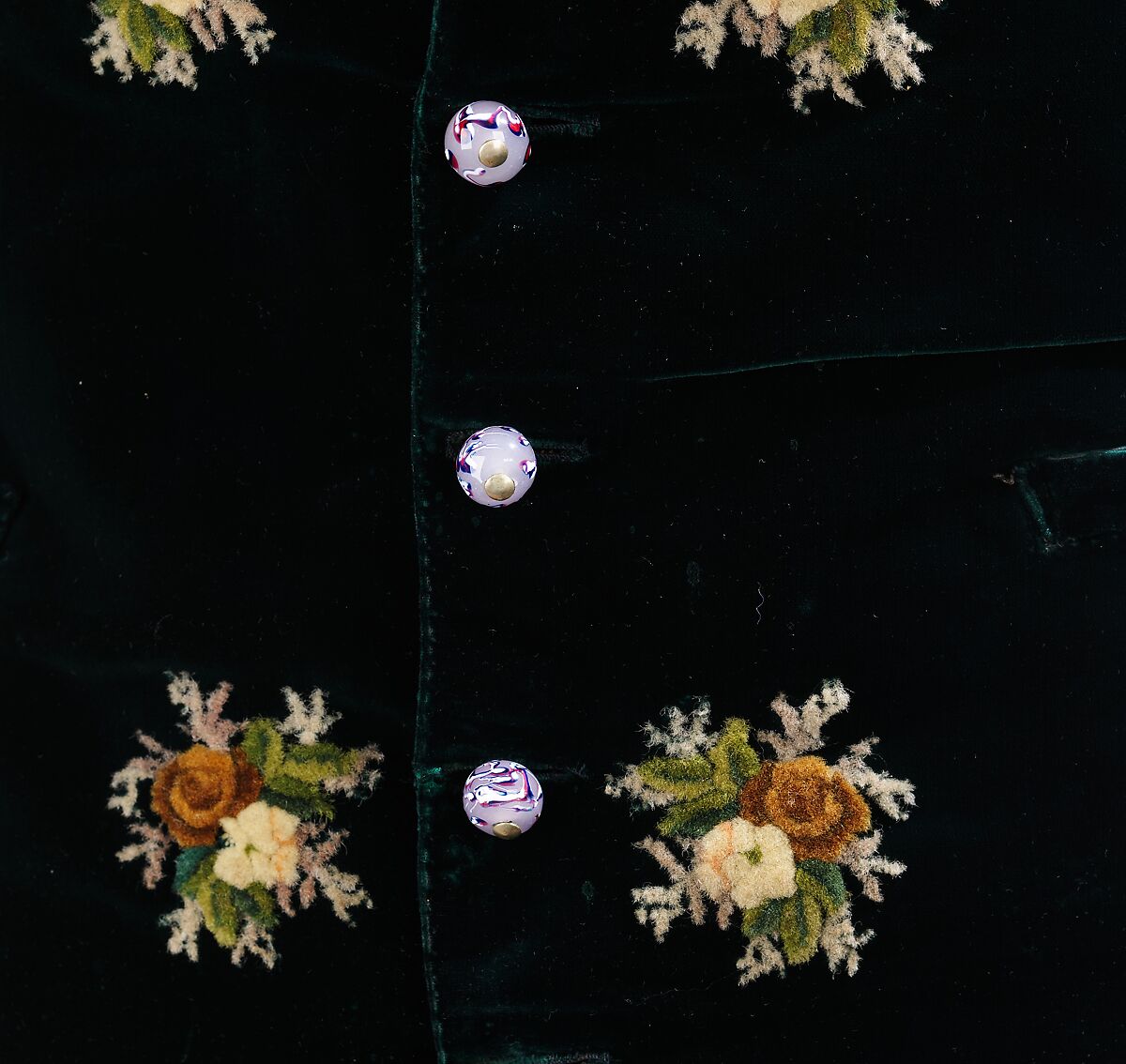 Evening vest, silk, cotton, wool, leather, glass, American