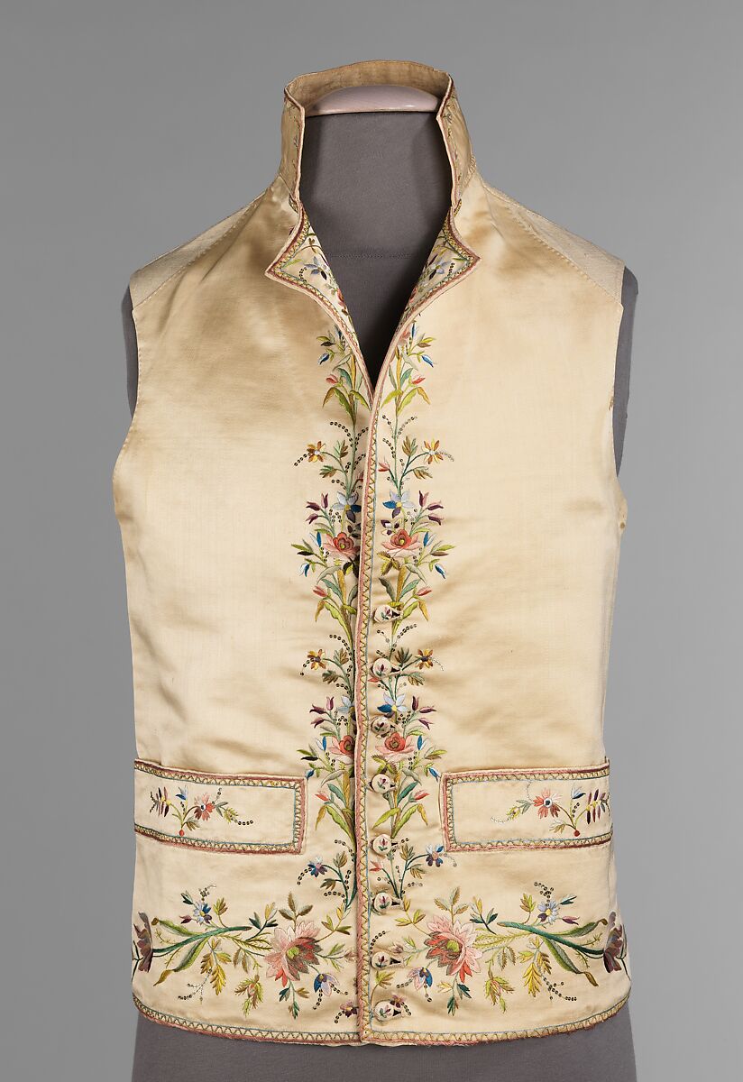 Vest, silk, linen, metal, cotton, French 