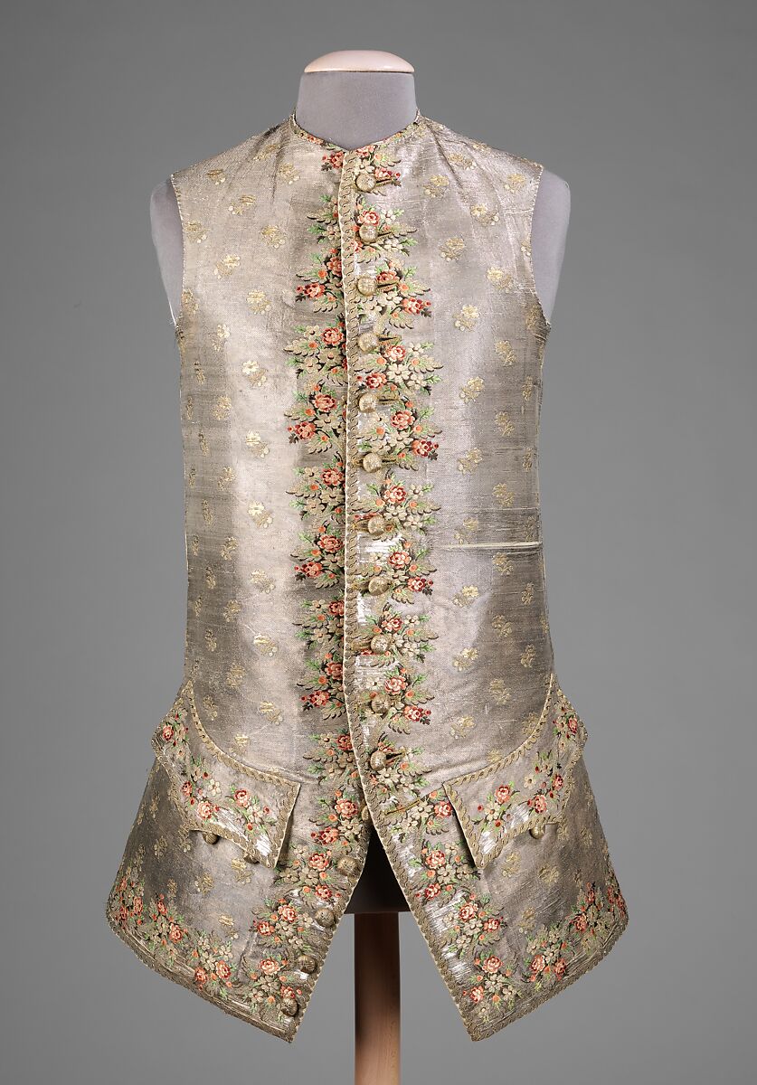 Waistcoat, silk, metal, linen, probably British 