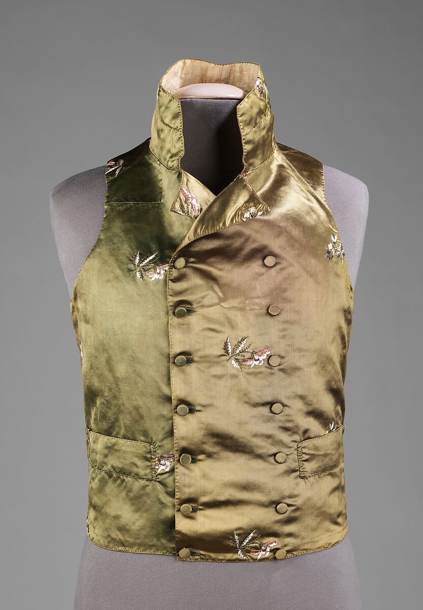 Vest, silk, linen, metal, probably British 