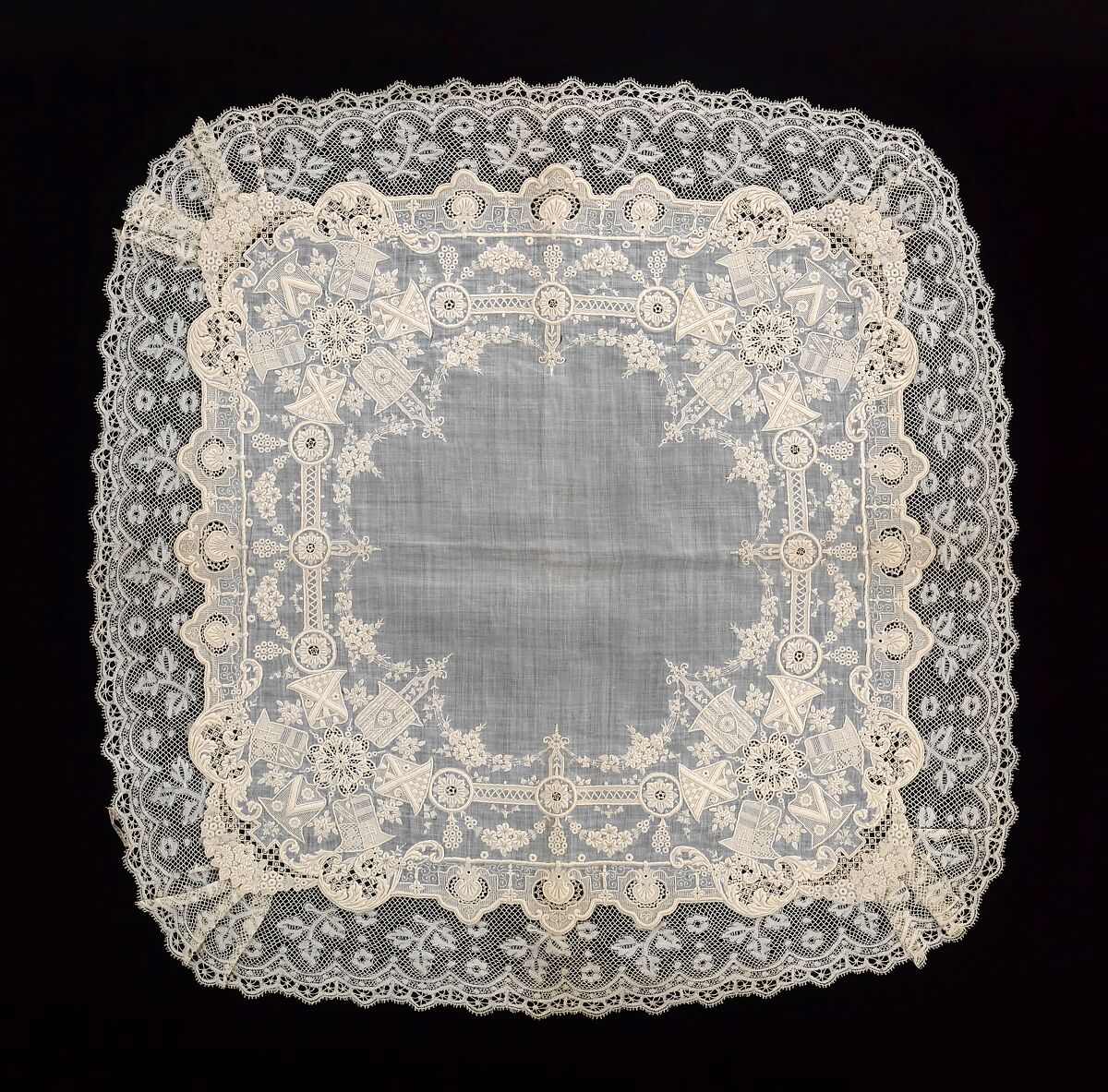 Handkerchief, cotton, linen, probably French 