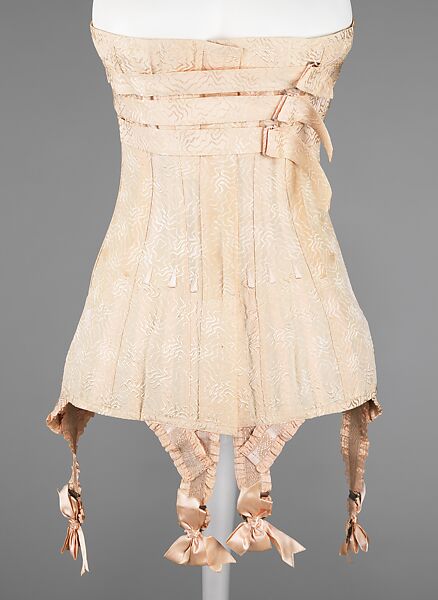 Corset, silk, bone, metal, elastic, probably American 