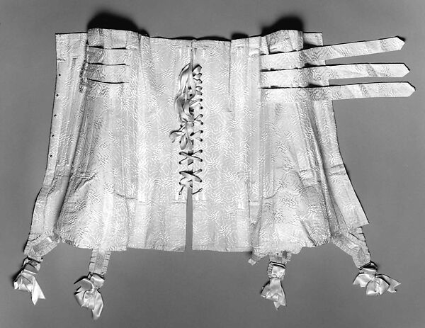 Corset, silk, bone, metal, elastic, probably American