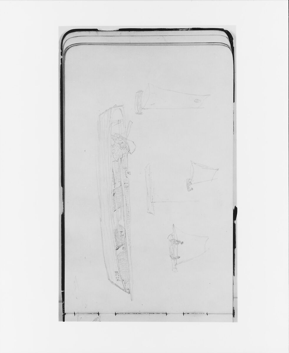 Sketches of a Canoe and Sailboats (from Sketchbook), Albert Bierstadt (American, Solingen 1830–1902 New York), Graphite on wove paper, American 