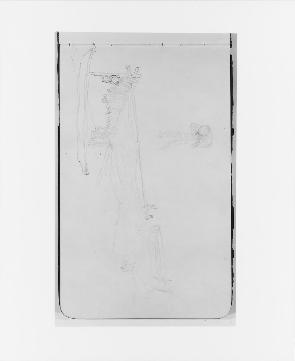 Sketches of Canoes and a Figure Carrying a Barrel (from Sketchbook), Albert Bierstadt (American, Solingen 1830–1902 New York), Graphite on wove paper, American 