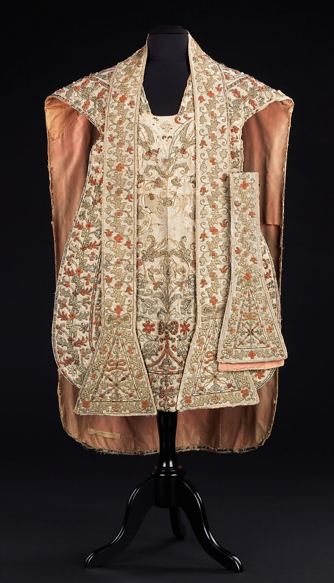 Chasuble, stole and maniple, Silk, linen, coral, metal, jet, Italian, Sicily