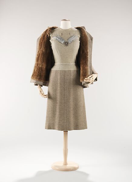 Dinner ensemble, Mainbocher (French and American, founded 1930), wool, fur, silk, rhinestones, American 