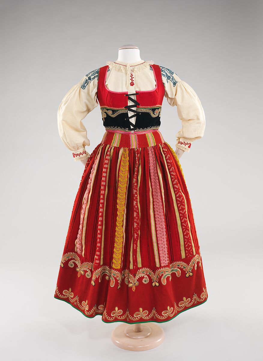 Ensemble, wool, silk, cotton, metal, glass, Portuguese 