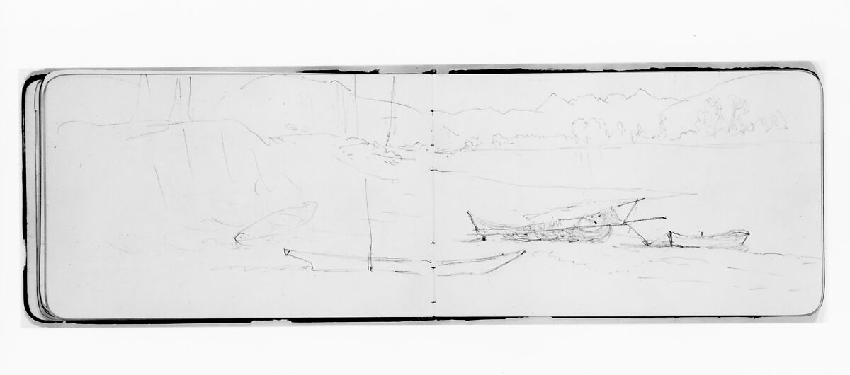 Sketch of Boats on a Shore (from Sketchbook), Albert Bierstadt (American, Solingen 1830–1902 New York), Graphite on wove paper, American