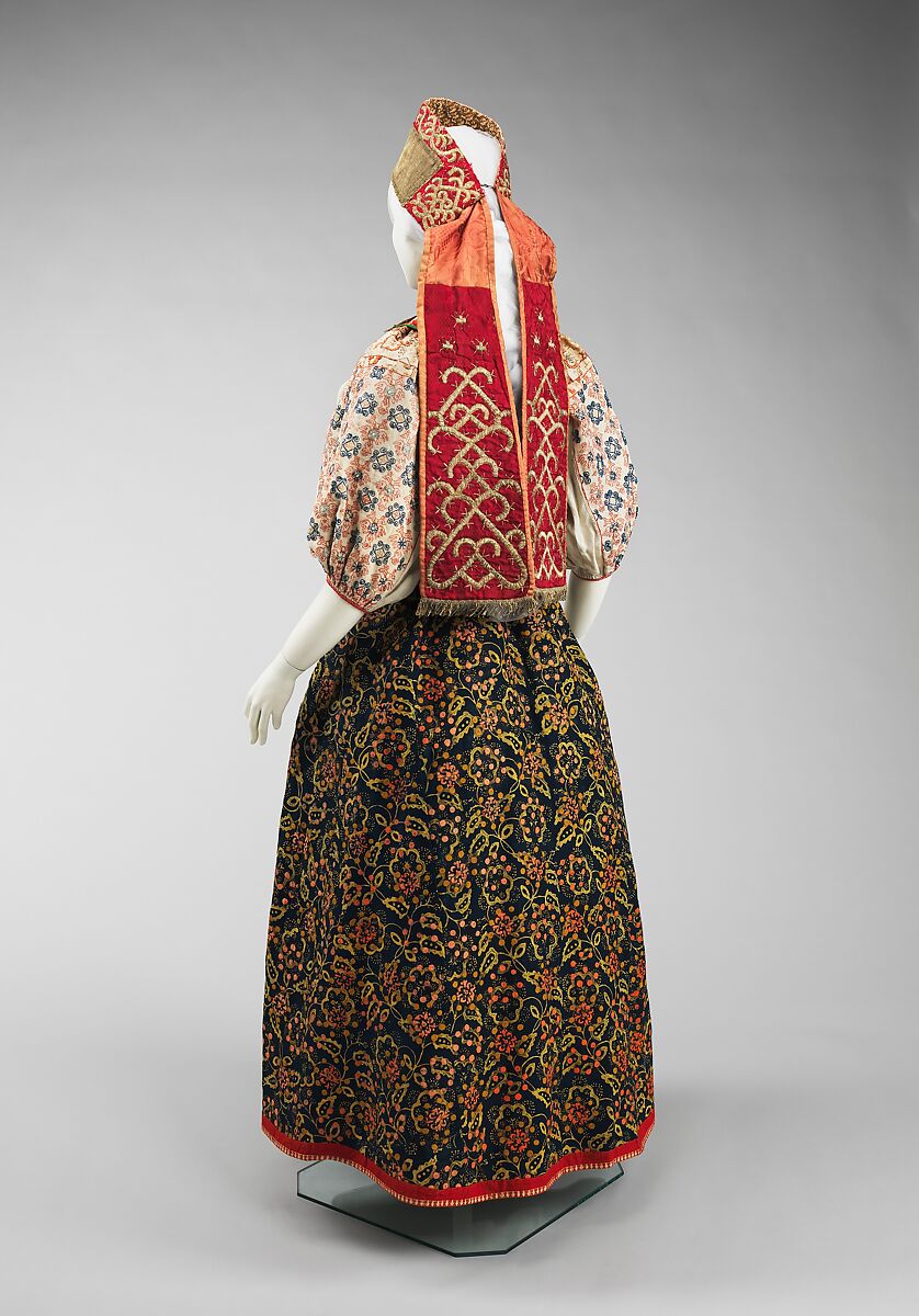 Ensemble, linen, cotton, wool, pigment, metal, silk, glass, mother-of-pearl, Russian