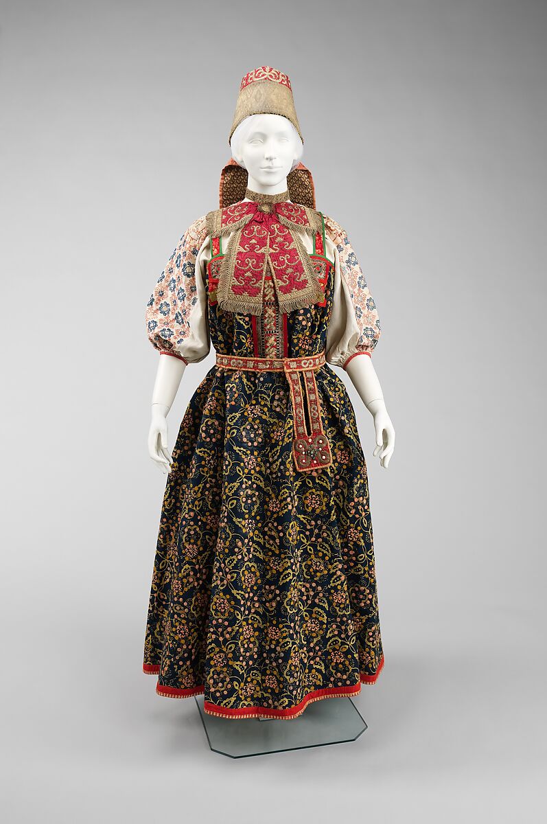 Ensemble, linen, cotton, wool, pigment, metal, silk, glass, mother-of-pearl, Russian 