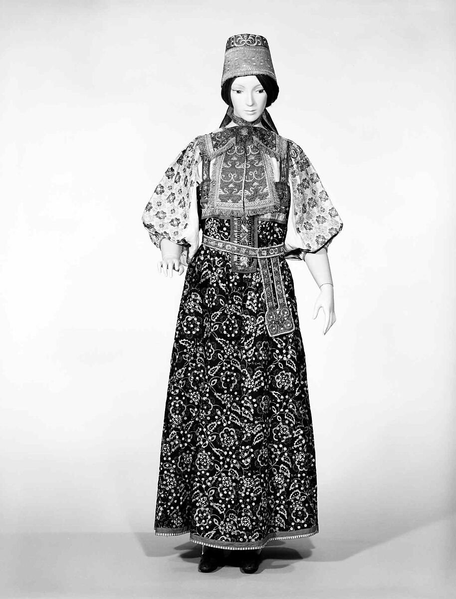 Ensemble, linen, cotton, wool, pigment, metal, silk, glass, mother-of-pearl, Russian