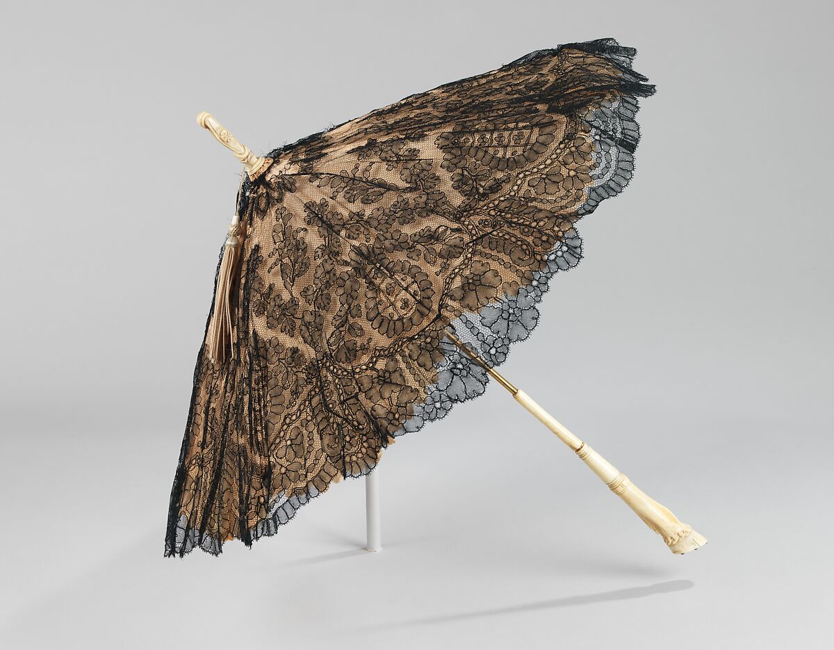 Parasol, silk, ivory, metal, American 