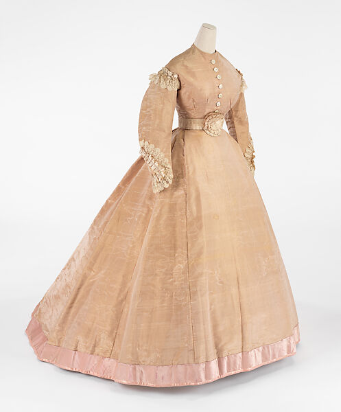 Evening dress, OLYMPE (American, active ca. 1851–1885), silk, mother-of-pearl, American