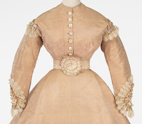 Evening dress, OLYMPE (American, active ca. 1851–1885), silk, mother-of-pearl, American