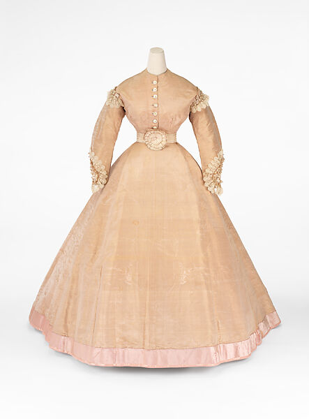 Evening dress, Mme. Olympe (American, born France, 1830), silk, mother-of-pearl, American 
