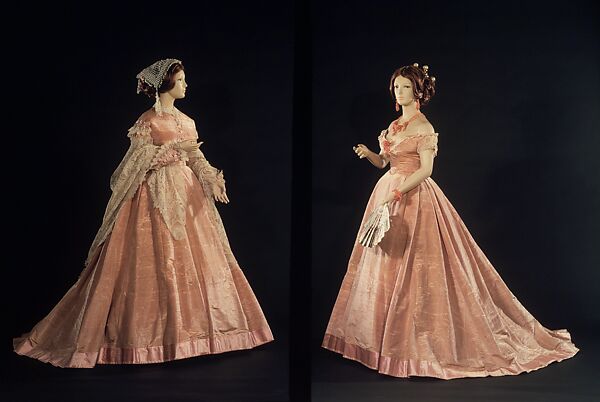 Evening dress, OLYMPE (American, active ca. 1851–1885), silk, mother-of-pearl, American