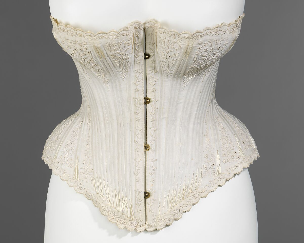 Wedding corset, cotton, metal, bone, American 