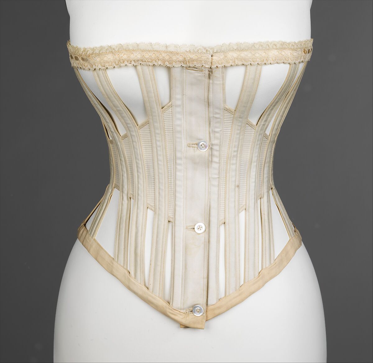 Corset ca. 1871 Attributed to Royal Worcester Corset Company American In  1950, E.A. Meister, then president of the Royal Worcester Corset Co.,  donated a collection of 171 corsets to the Brooklyn Museum