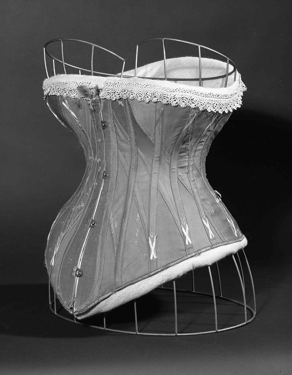 Corset, silk, cotton, metal, bone, British