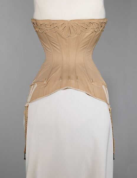 Corset, Bon Marché (French, founded ca. 1852), cotton, metal, elastic, bone, silk, French