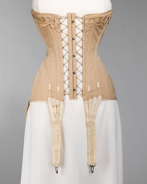 Corset, Bon Marché (French, founded ca. 1852), cotton, metal, elastic, bone, silk, French 