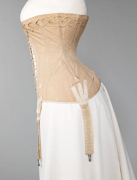 Corset, Bon Marché (French, founded ca. 1852), cotton, metal, elastic, bone, silk, French