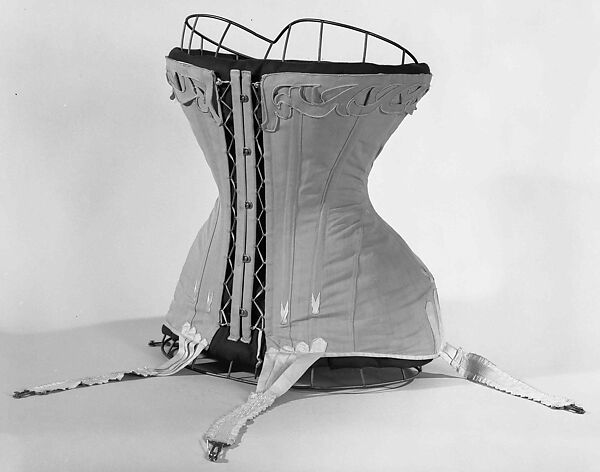 Corset, Bon Marché (French, founded ca. 1852), cotton, metal, elastic, bone, silk, French
