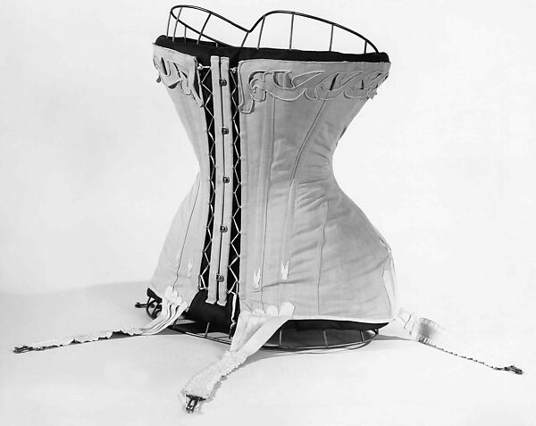 Corset, Bon Marché (French, founded ca. 1852), cotton, metal, elastic, bone, silk, French