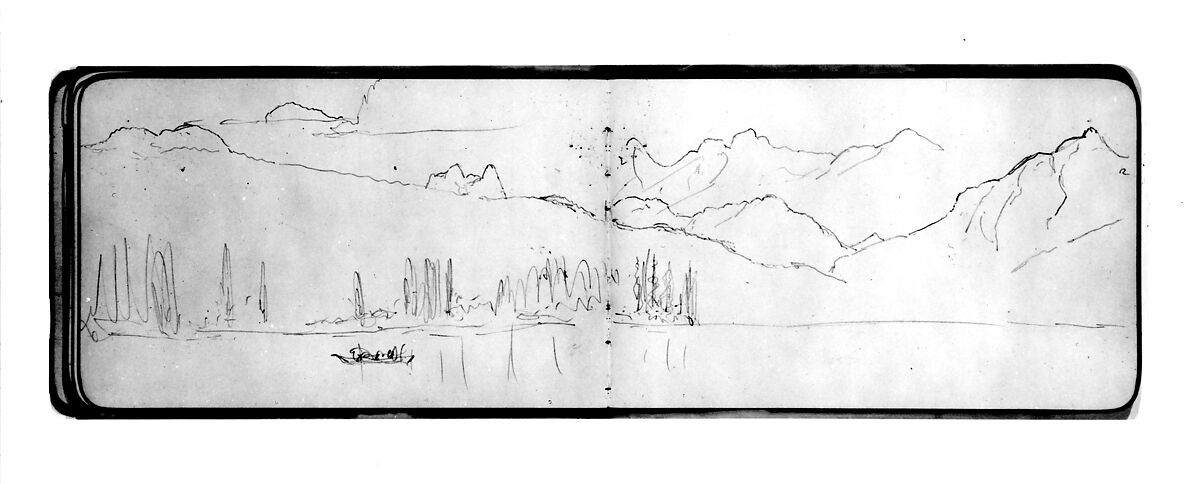 Sketch of Mountains and Lake (from Sketchbook), Albert Bierstadt (American, Solingen 1830–1902 New York), Graphite on wove paper, American