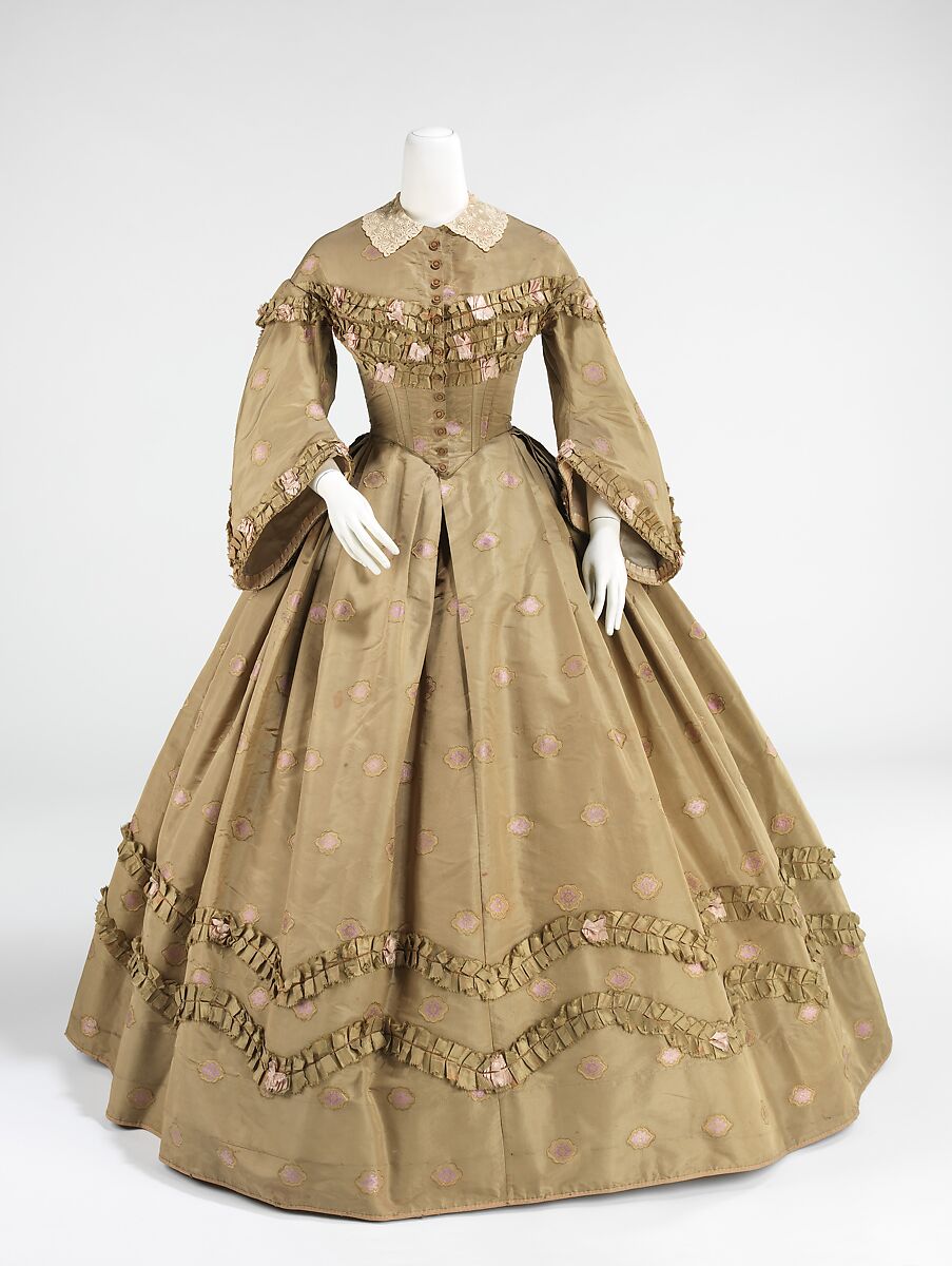 Afternoon dress, silk, cotton, wool, American 