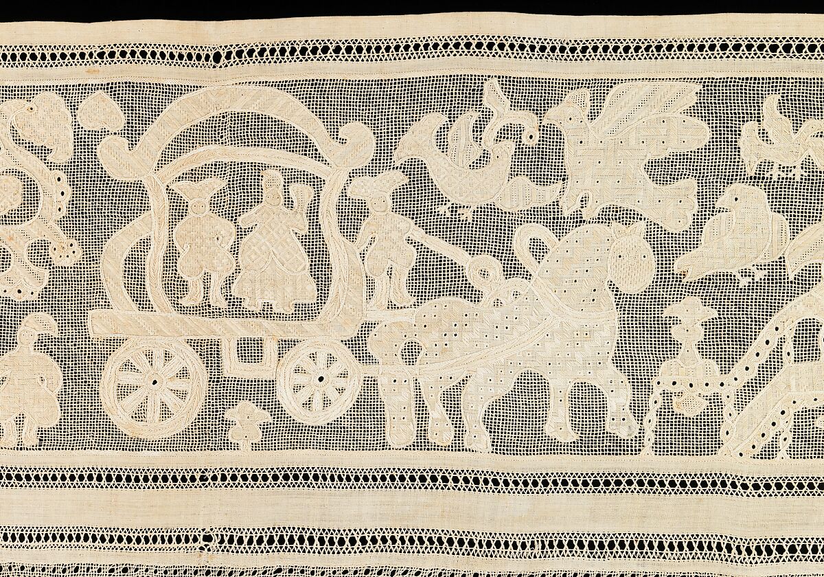 Bed curtain border, Drawnwork, embroidery, bobbin lace, linen, Russian