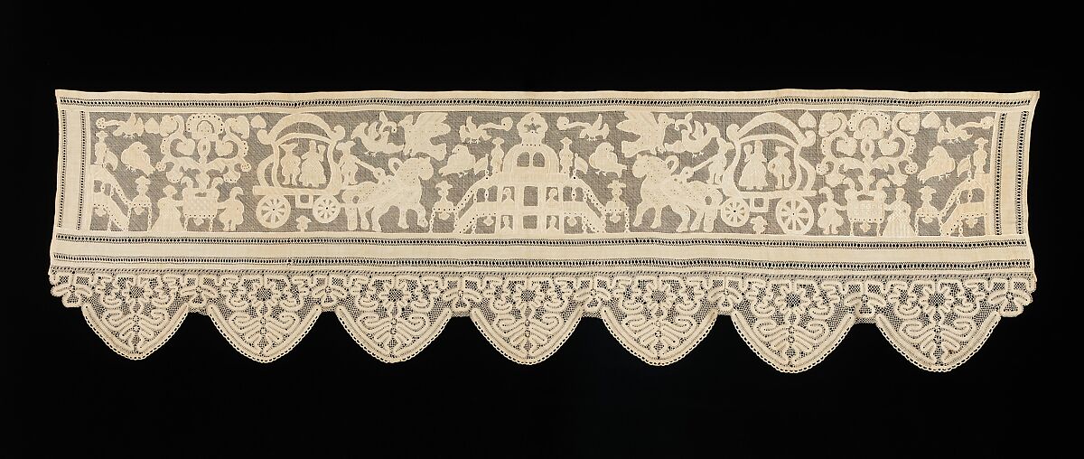 Bed curtain border, Drawnwork, embroidery, bobbin lace, linen, Russian 