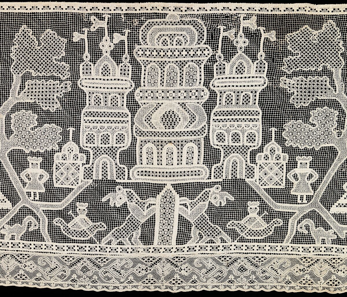 Bed curtain border, Lacis, drawnwork, bobbin lace, linen, Russian