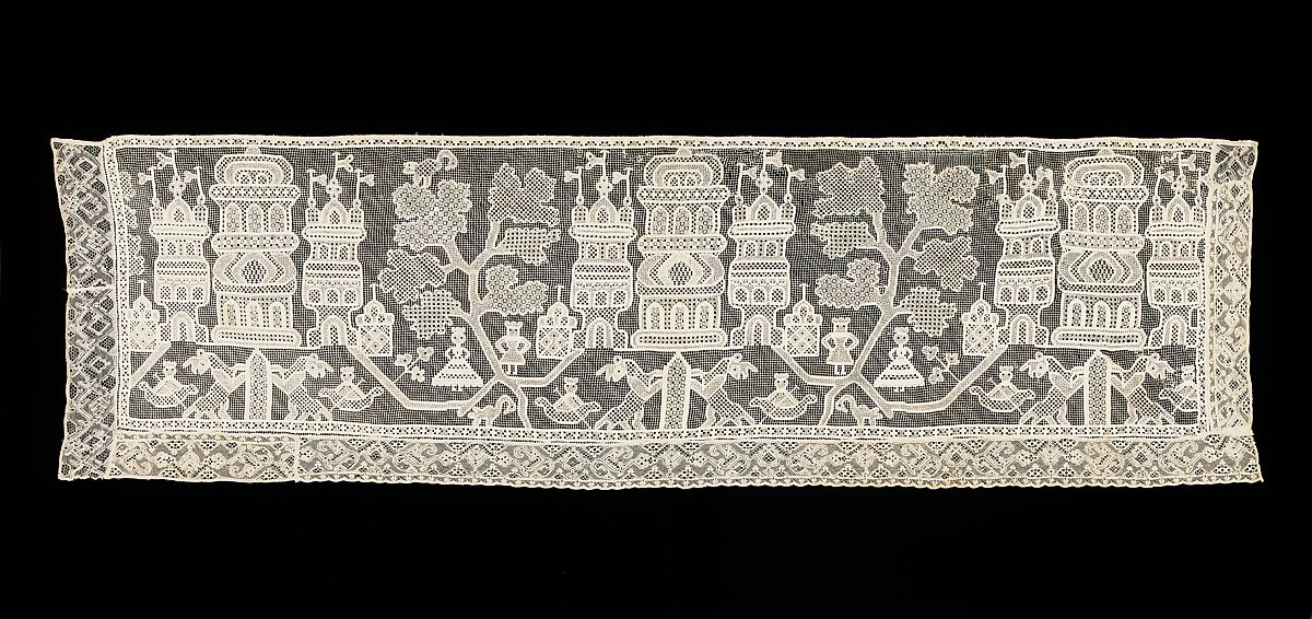 Bed curtain border, Lacis, drawnwork, bobbin lace, linen, Russian 