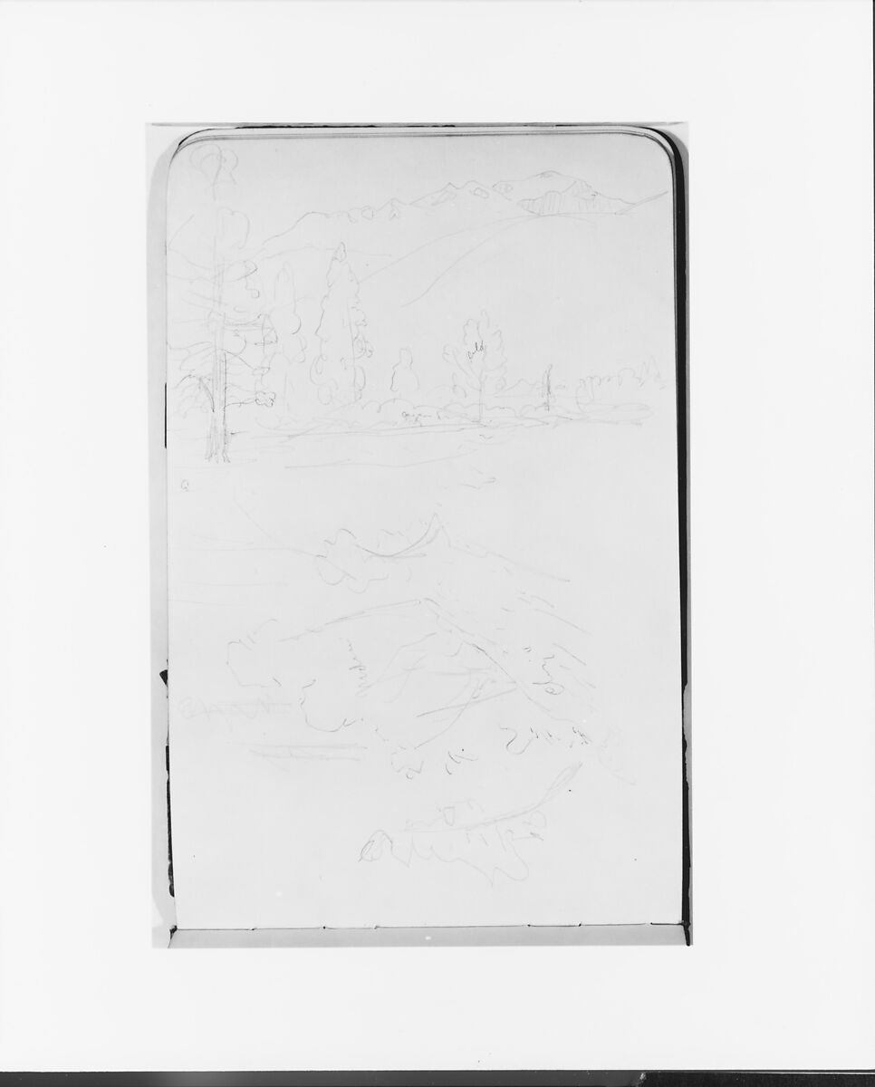 Two Landscape Sketches with Trees and Mountains (from Sketchbook), Albert Bierstadt (American, Solingen 1830–1902 New York), Graphite on wove paper, American 